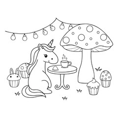 Cute Unicorn Enjoying a Tea Party with Cupcakes in a Fantasy Garden