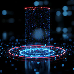 A futuristic digital display with glowing lights and a cylindrical data stream. Ideal for tech presentations or science fiction visuals. Represents data processing or technological innovation.