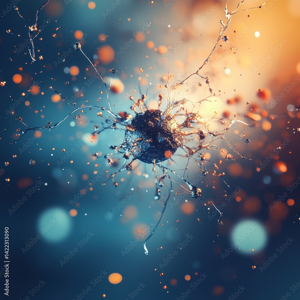 Poster abstract microscopic view of a virus cell with branching filaments and bokeh lights in a dark blue a