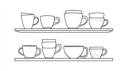 Line art illustration of various coffee cups on shelves. Kitchenware design