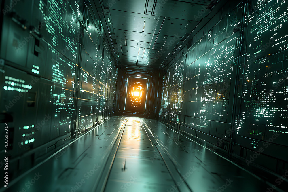 Poster a futuristic digital corridor lit by glowing code and a bright portal at the end. great for tech the