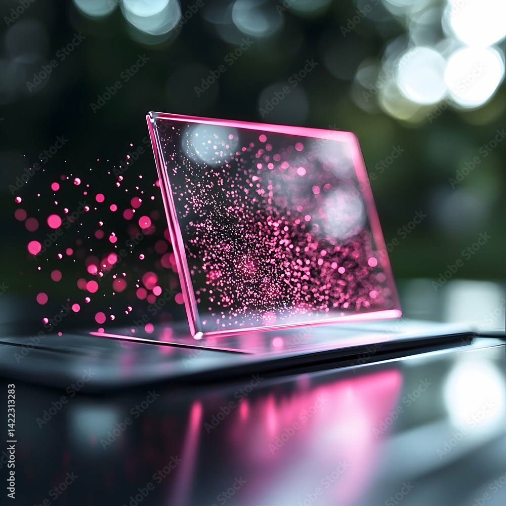 Aufkleber a futuristic laptop with a glowing pink screen displays data visualization. ideal for tech blogs web