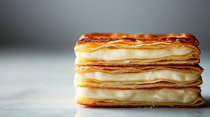   A stack of four desserts sits atop a white countertop beside a black-and-white wall