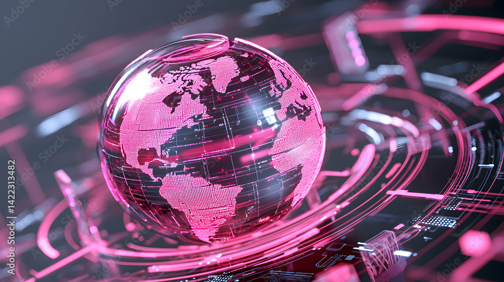 Poster a glowing pink globe surrounded by intricate digital circuit patterns. suggests global connectivity 