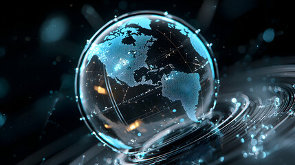 Obraz premium Digital globe showcasing global connectivity network and data transfer. Suitable for technology presentations symbolizing data transmission. Represents worldwide communication and information sharing.