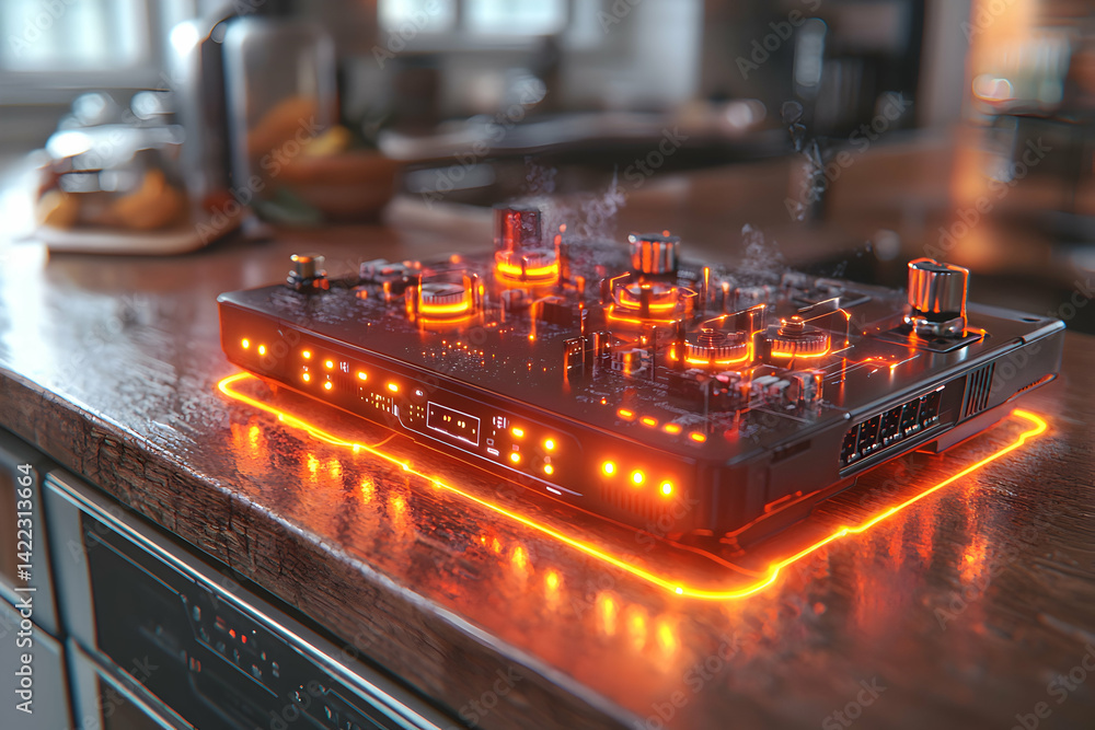Aufkleber a glowing electronic device emitting vapor. it could be a futuristic control panel or a high-tech ga