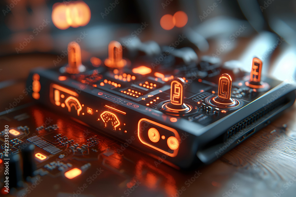 Poster futuristic glowing circuit board technology with orange light elements. could be used for game conso