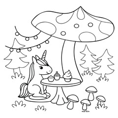 Cute Unicorn Enjoying a Tea Party with Cupcakes in a Fantasy Garden