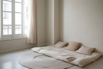 Mininaliat bedroom with bed and pillow on the ground with white background. 