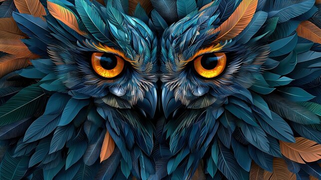   An owl's face in close-up with many feathers on its backhead