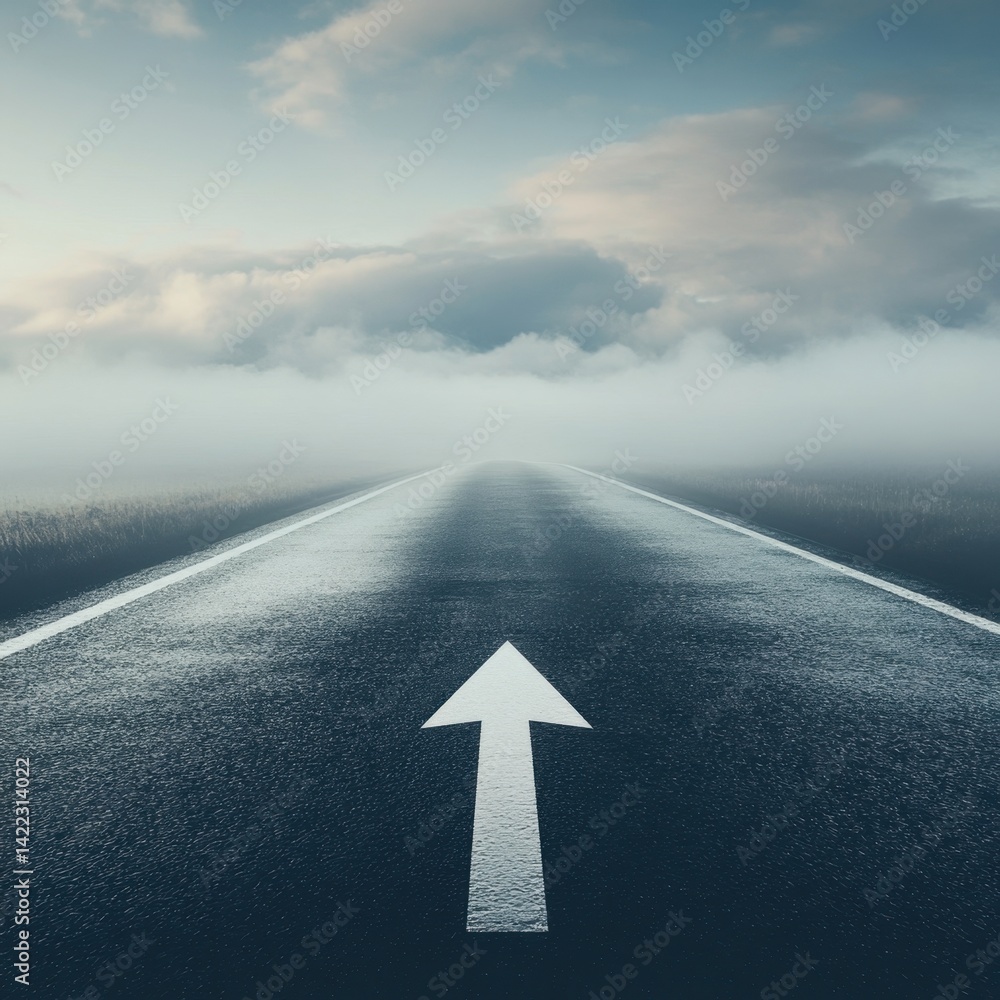 Poster foggy road with arrow pointing forward symbolizing direction guidance and future perspective in a sc