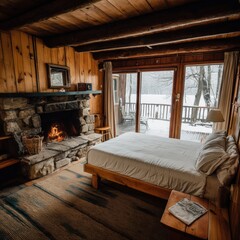 Cozy winter cabin bedroom interior with stone fireplace and snowy landscape view offering serene retreat