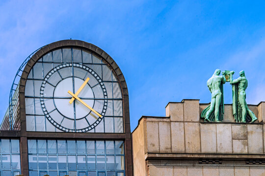 Top of CKD Building The clock on the building by architect Alena Sramkova at Mustek, in the lower part of Wenceslas Square in Prague, Czech Republic, 2020