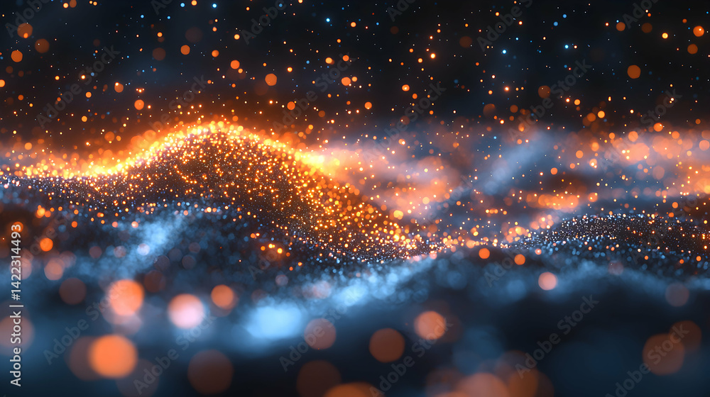 Poster an abstract digital artwork featuring a glowing wave of particles in warm orange and cool blue tones