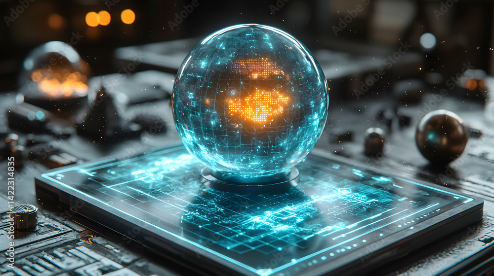 Aufkleber futuristic crystal ball sitting on a digital tablet. it depicts data visualization. suitable for tec