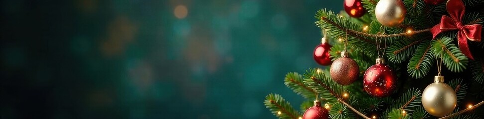 Naklejka premium Ornate Christmas tree with colorful ornaments, festive garland , bow, balls, fir