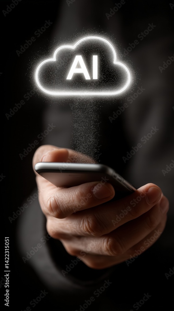 Poster close up of businessman holding smartphone with glowing ai symbol emerging from it, representing clo