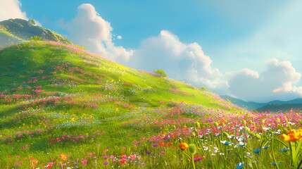 A vibrant meadow with wildflowers covering a green hillside under a bright blue sky with fluffy clouds .