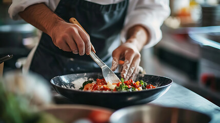 Chef Preparing a Dish with Vegetables and Rice