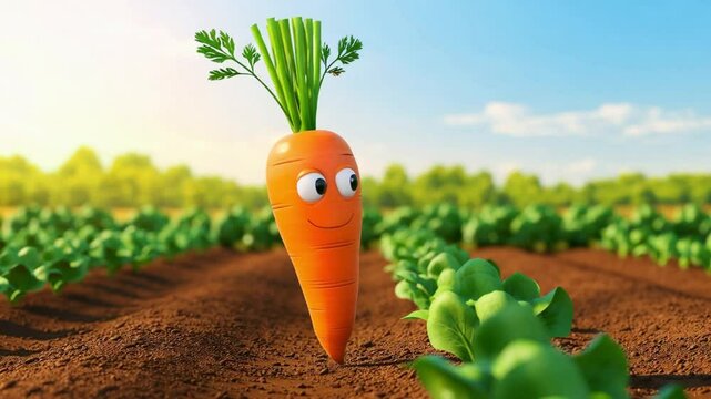 A vibrant, cartoon-style carrot character beams with joy in a sunlit vegetable garden, surrounded by fresh green crops