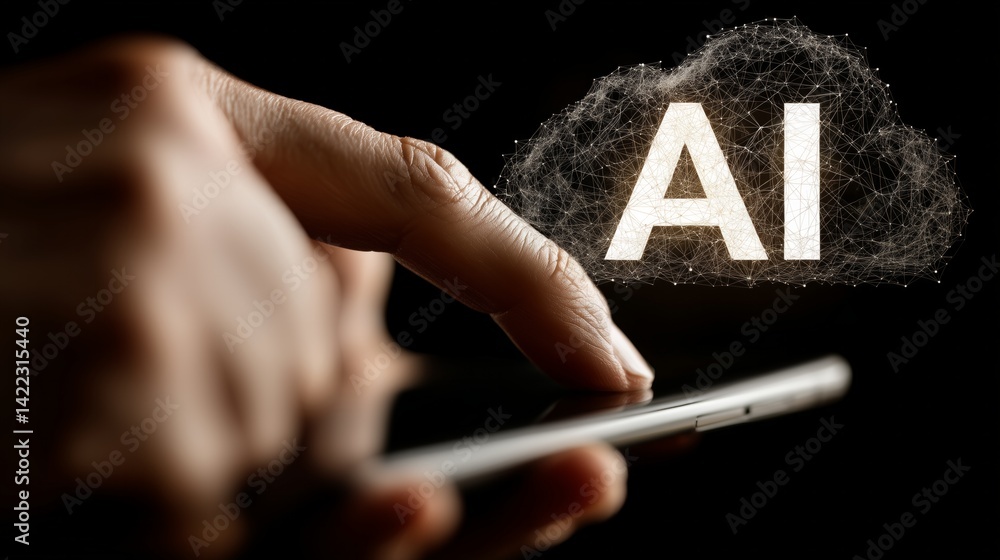 Poster close up of a businessman touching ai cloud symbol on smartphone, accessing artificial intelligence 