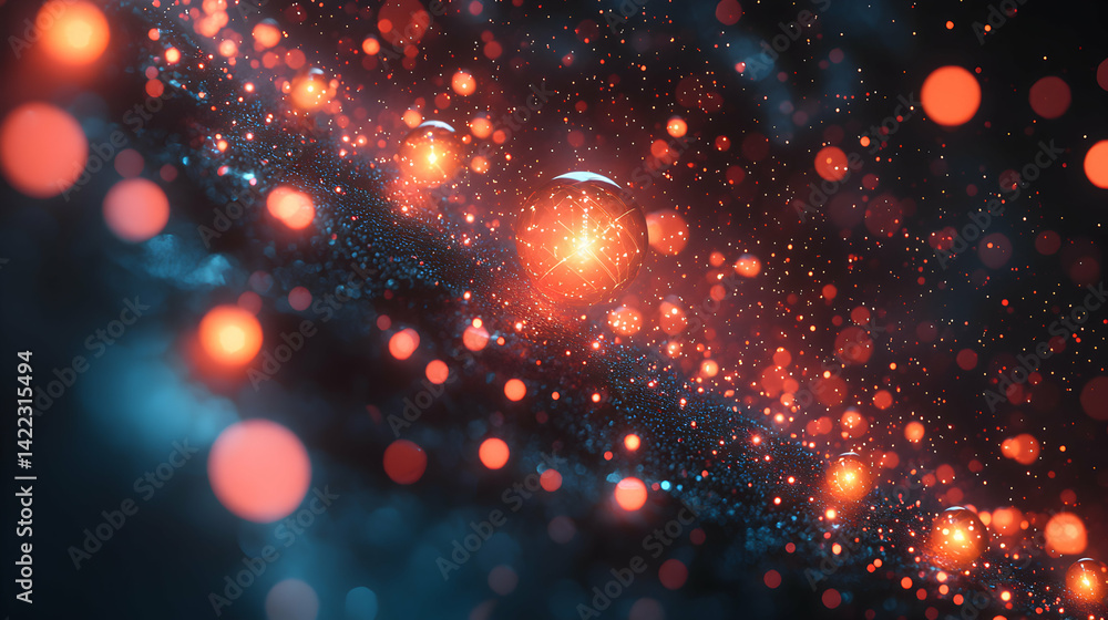 Poster abstract space scene with glowing orbs and particles. ideal for futuristic projects digital art or s