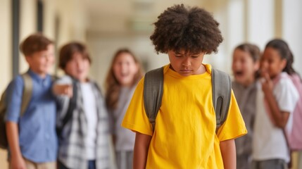 Sad african american elementary school student suffering bullying in school hallway