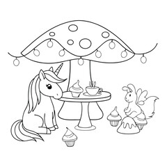 Cute Unicorn Enjoying a Tea Party with Cupcakes in a Fantasy Garden