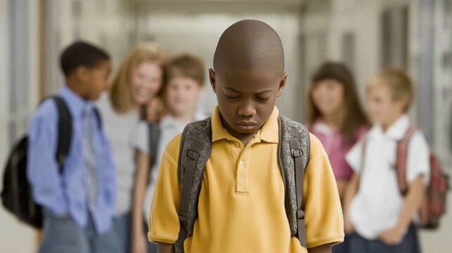 Sad african boy wearing backpack standing alone in school hallway while other students are socializing together