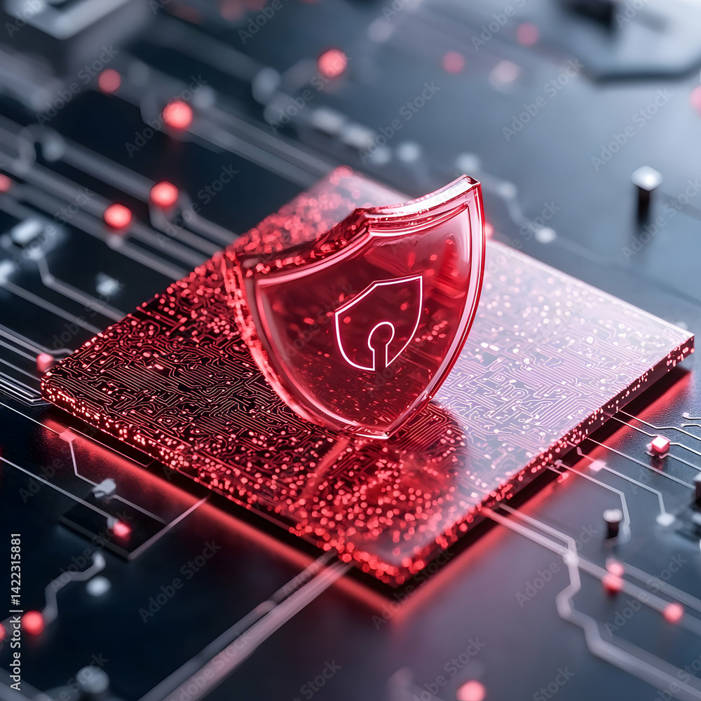 Poster a red glowing shield representing cybersecurity on a circuit board. suggests protecting digital info