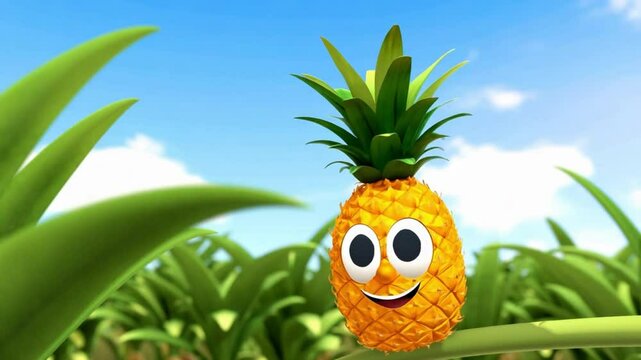 A joyful pineapple cartoon character beams with a big smile under a sunny blue sky in a vibrant digital field