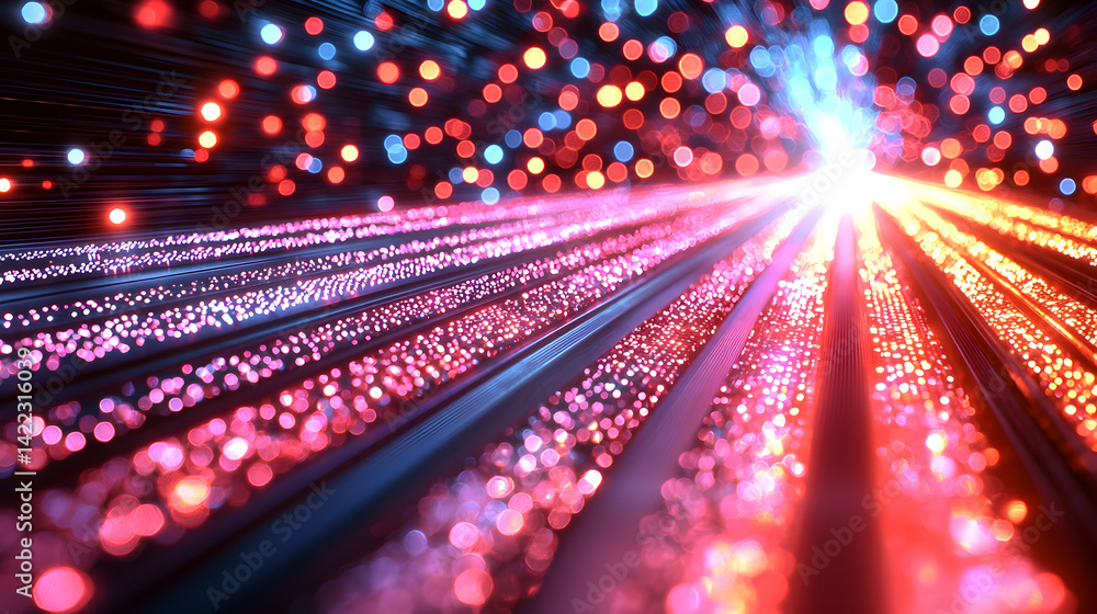 Poster abstract digital art features lines of light with bokeh effects radiating towards a bright center. i