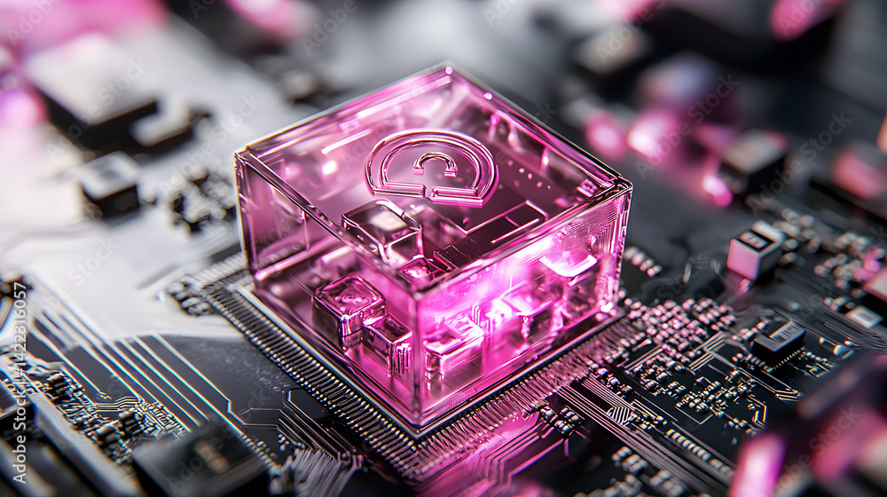 Poster futuristic tech concept showcasing a glowing pink processor cube on a circuit board. perfect for inn