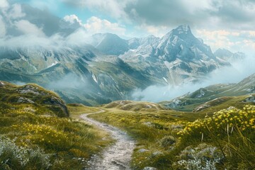 A winding trail leads through lush green meadows towards a misty mountain peak on a sunny day, A peaceful mountain landscape with a winding trail leading into the distance
