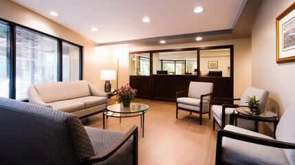 Modern waiting area featuring comfortable seating, natural light, and a reception desk