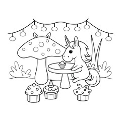 Cute Unicorn Enjoying a Tea Party with Cupcakes in a Fantasy Garden