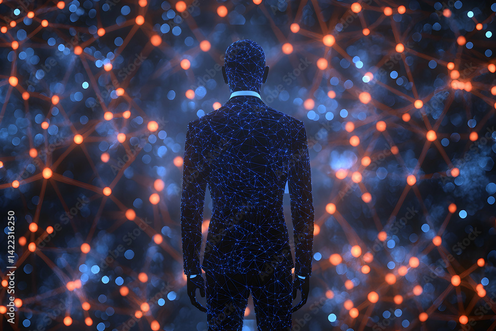 Aufkleber a digital man standing amidst a network of glowing nodes. suggesting connections data or artificial 