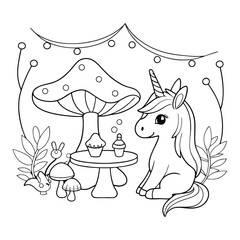 Cute Unicorn Enjoying a Tea Party with Cupcakes in a Fantasy Garden