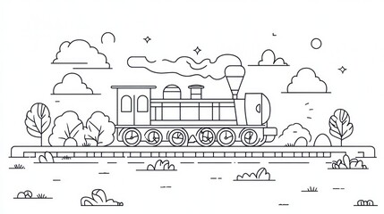 Line art steam train, landscape background, simple design, digital illustration, stock