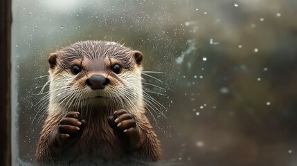 Fototapeta premium A close-up of a wet otter gazing out the window as raindrops fall, surrounded by tree foliage in the background