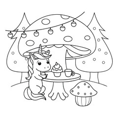 Cute Unicorn Enjoying a Tea Party with Cupcakes in a Fantasy Garden