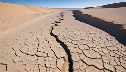 A cracked desert landscape with a dried riverbed cutting through the vast arid terrain under a blue sky.