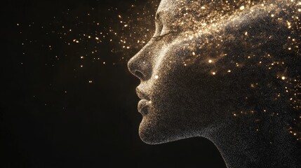 Glowing abstract profile of a human face dissolving into particles on a black background, futuristic and dreamy.