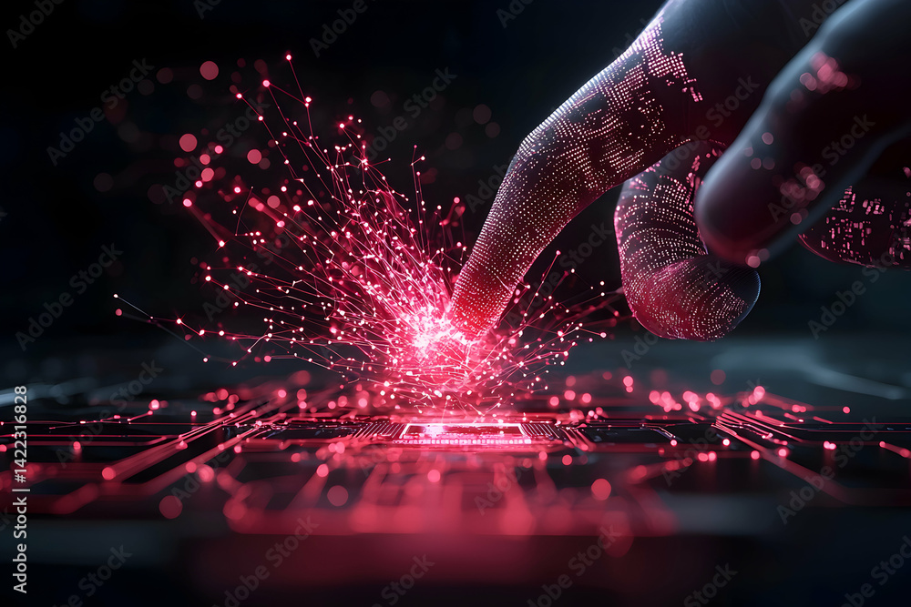 Poster a futuristic digital hand touches glowing red energy triggering a network effect. ideal for tech sci