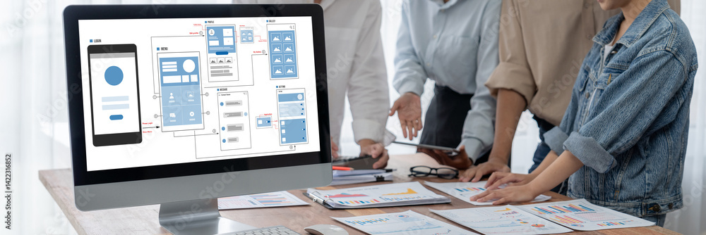Aufkleber UX UI design process for brisk mobile application and website . Creative prototype of wireframe for professional app developer .