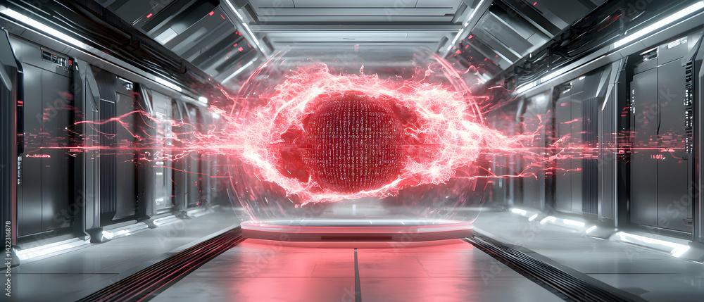 Poster a futuristic scene depicts a glowing red sphere encased in energy. suggesting advanced technology or