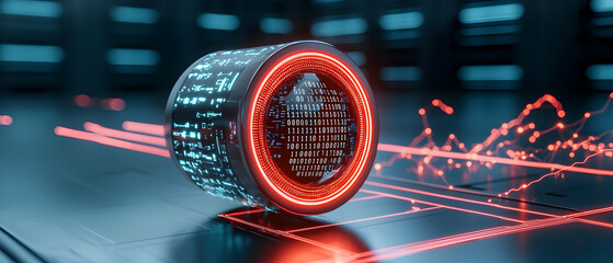 Futuristic data cylinder showcases binary code and glowing lines representing data flow. Ideal for illustrating concepts like big data cybersecurity and technological advancement.