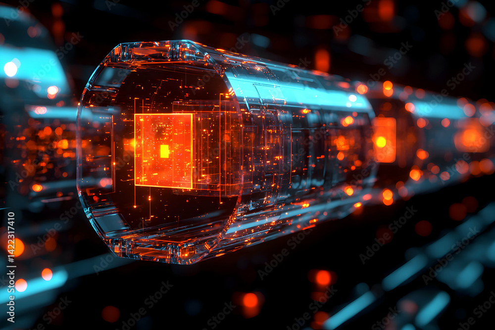 Aufkleber futuristic data stream visualization with glowing orange and blue circuits. ideal for tech presentat