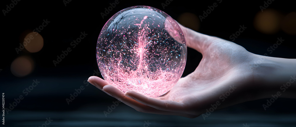 Poster a hand holds a glowing orb representing energy or data transfer. use it as a futuristic tech or sci-