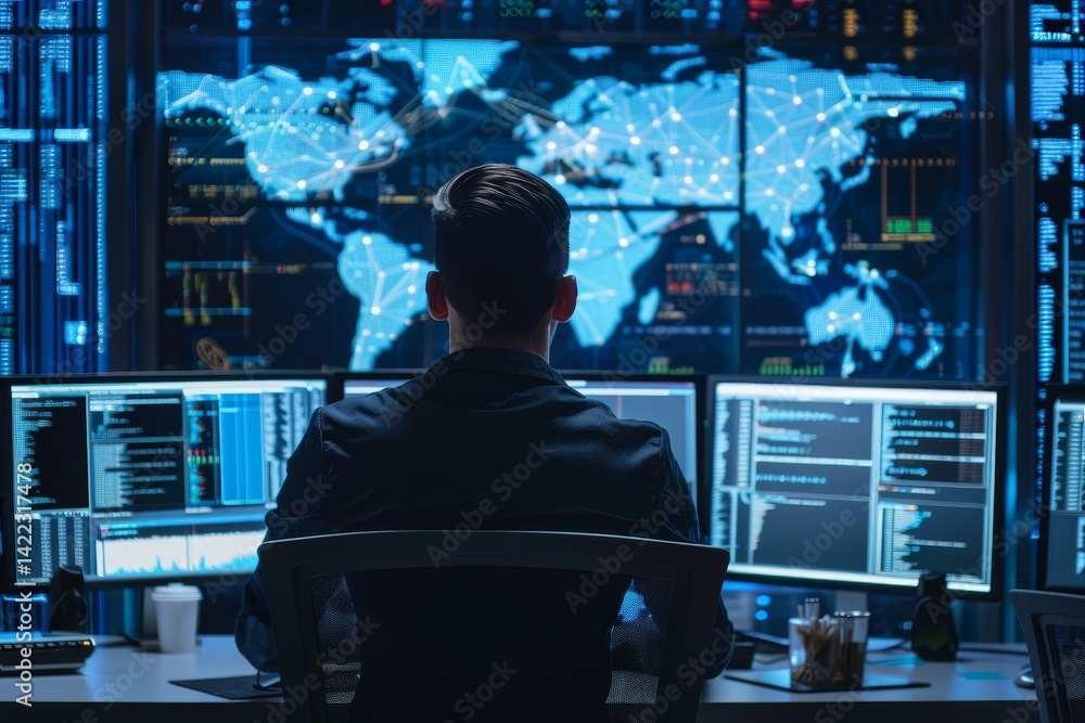Poster a cybersecurity expert monitors global network activity and responds to a cyber attack from their de